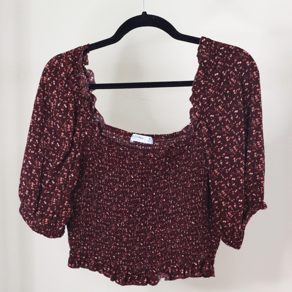 Arizona Floral Ruffle Hem Ruched Crop Top, Size M Burgundy Puff Sleeve